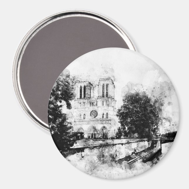 Imán Ilustracion monocromo de la catedral de Notre-Dame (Anverso/Reverso)