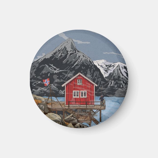 Imán Ilustracion paisajístico Rorbu Lofoten Bergen (Frente)
