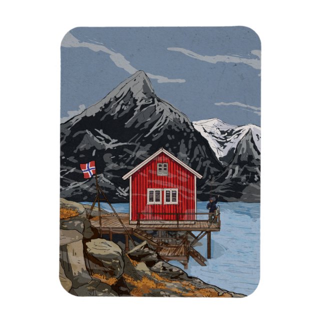 Imán Ilustracion paisajístico Rorbu Lofoten Bergen (Vertical)