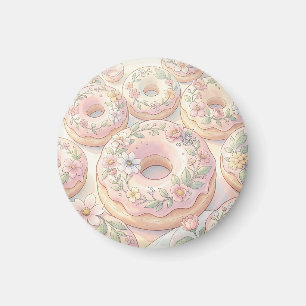 Imán Ilustración Pastel de Donas Rosadas Florales