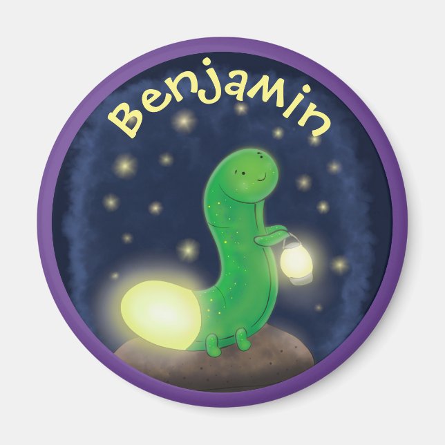 Imán Ilustracion personalizado de gusano de brillo verd (Frente)