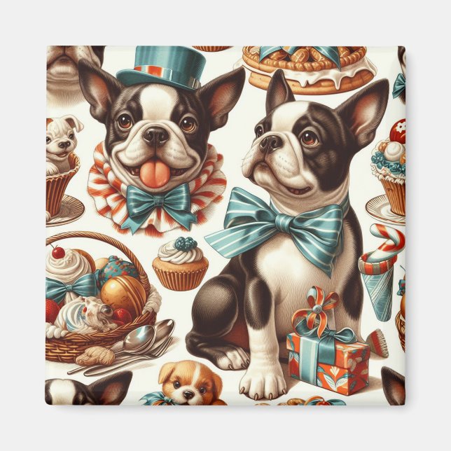 Imán Ilustracion Retro Cute Boston Terrier (Frente)