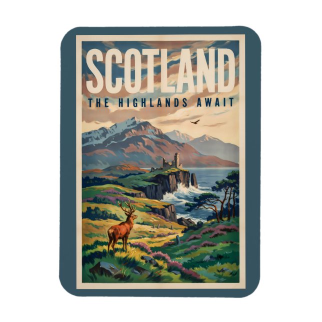 Imán Ilustración retro de ciervos de las Tierras Altas  (Vertical)