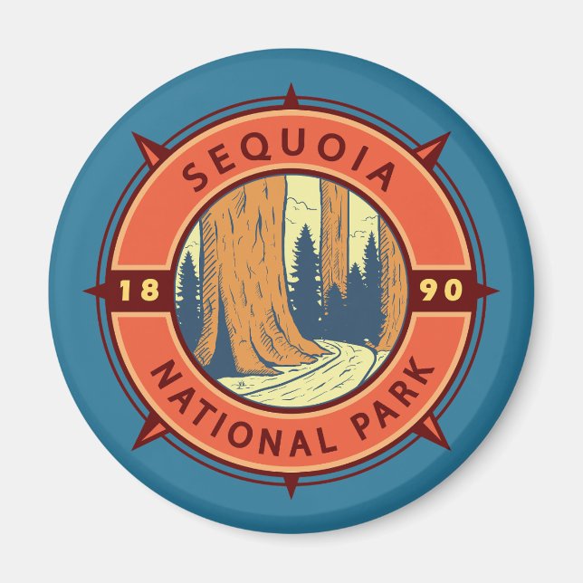 Imán Ilustracion Retro del Parque Nacional Sequoia (Frente)