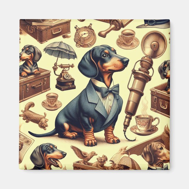 Imán Ilustracion Vintage Dachshund (Frente)