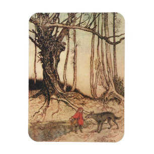 Imán Ilustración vintage de Caperucita Roja y el Lobo d