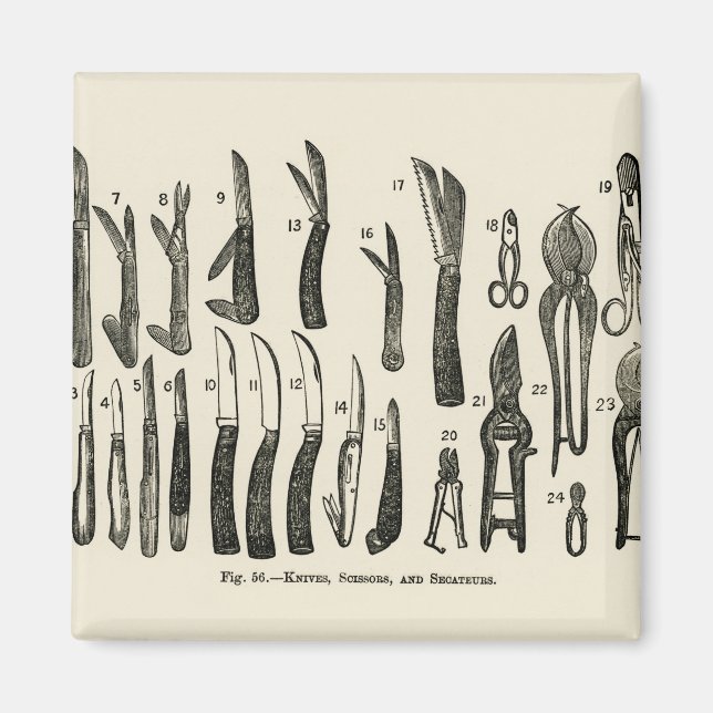 Imán Ilustracion vintage de cuchillos, tijeras, secateu (Frente)