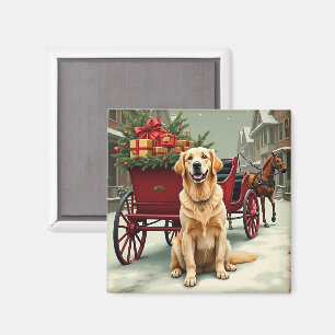 Imán Ilustración vintage de Golden Retriever en carruaj