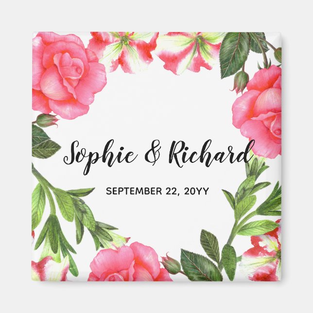 Imán Ilustracion Wreath de flores rosadas acuarelas (Frente)