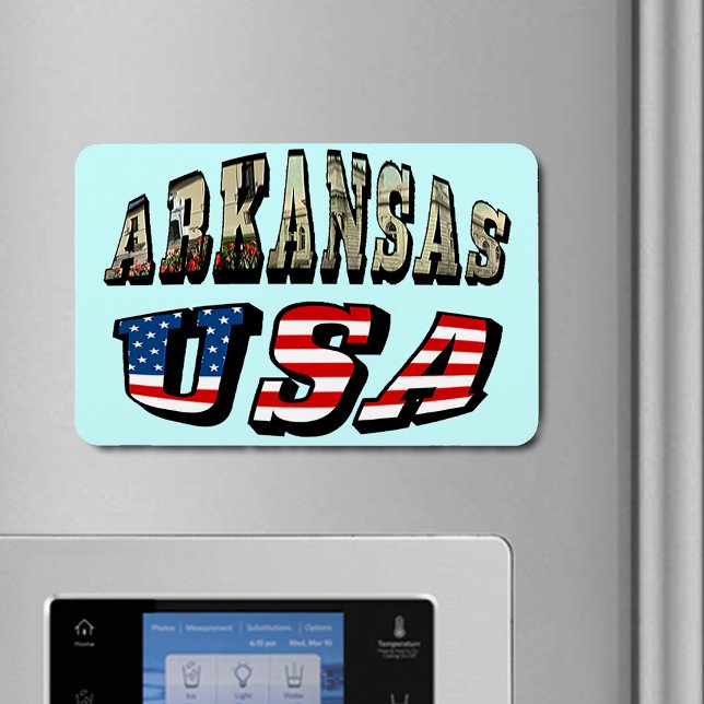 Imán Imagen de Arkansas y texto de la bandera de Estado (Arkansas Picture and USA Flag Text Flexible Magnet)