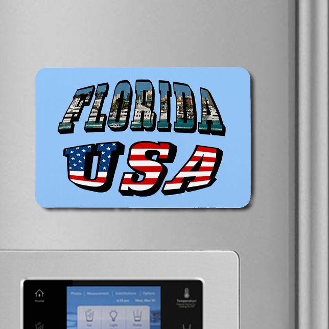 Imán Imagen de Florida y texto de bandera de Estados Un (Florida Picture and USA Flag Text Flexible Magnet)