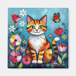 Imán Impasto Cat, Flowers & Butterfly