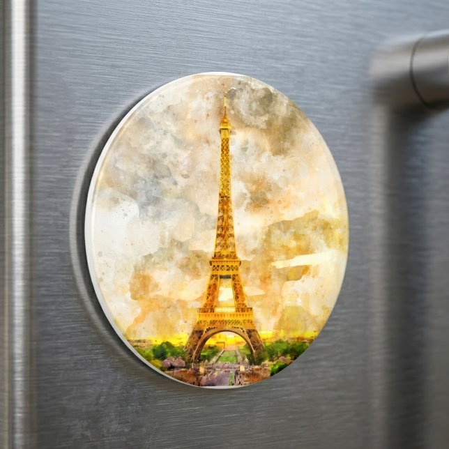 Imán Impresión artística de acuarela del atardecer de l (Paris Eiffel Tower Watercolor Sunset Art Print. Magnet )
