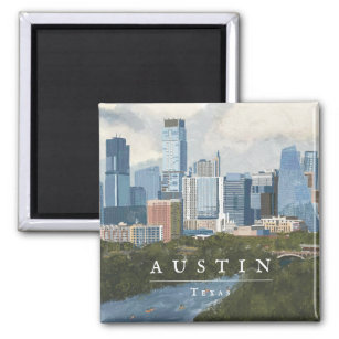 Imán Impresión de arte pintado en el Skyline de Austin