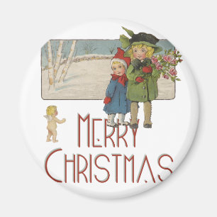 Imán Impresión de arte vintage de Navidad con niños y q