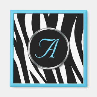 Imán Impresión de cebra de moda Aqua Blue Monogram Magn