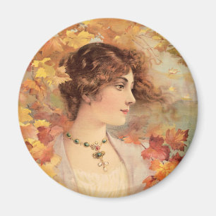 Imán Impresión de Mujer de Otoño Art Nouveau con Follaj