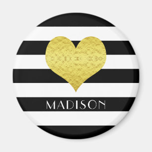 Imán Impresión de nombre de corazón dorado del patrón r