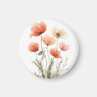 Imán Impresión floral de amapolas de coral en acuarela