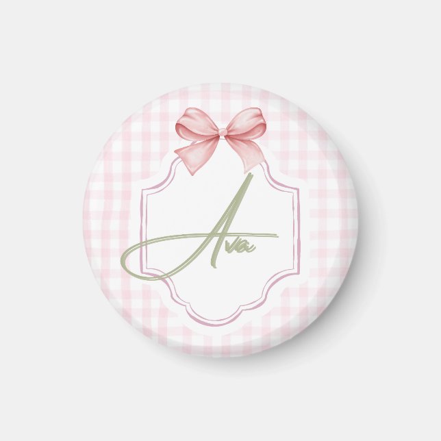 Imán Impresión personalizada Ava Pink Bow & Gingham (Frente)