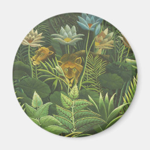 Imán Impresión vintage de león en jungla tropical de He
