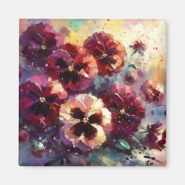 Imán Impresionante pintura con flores de Maroon Pansies (Frente)