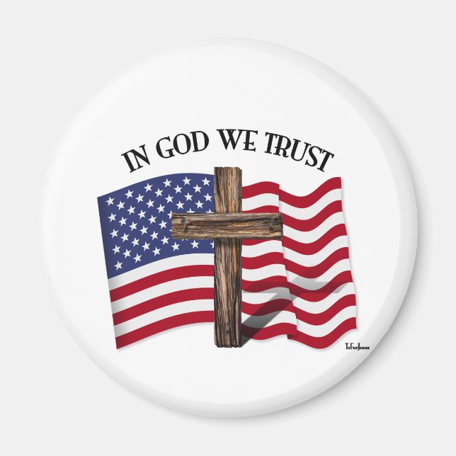 Imán In God We Trust with rugged cross and US flag (Frente)