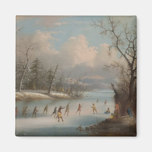 Imán Indios jugando Lacrosse en el hielo (Frente)