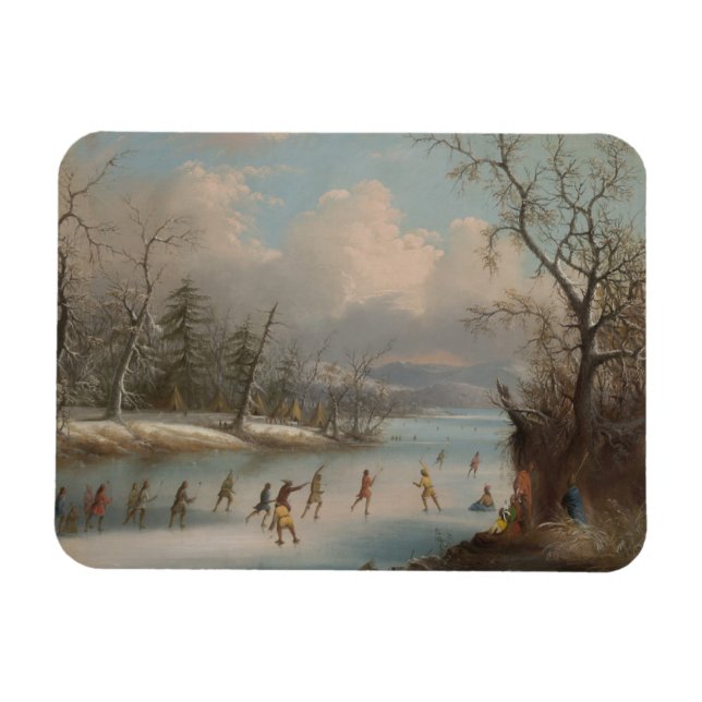 Imán Indios jugando Lacrosse en el hielo (Horizontal)