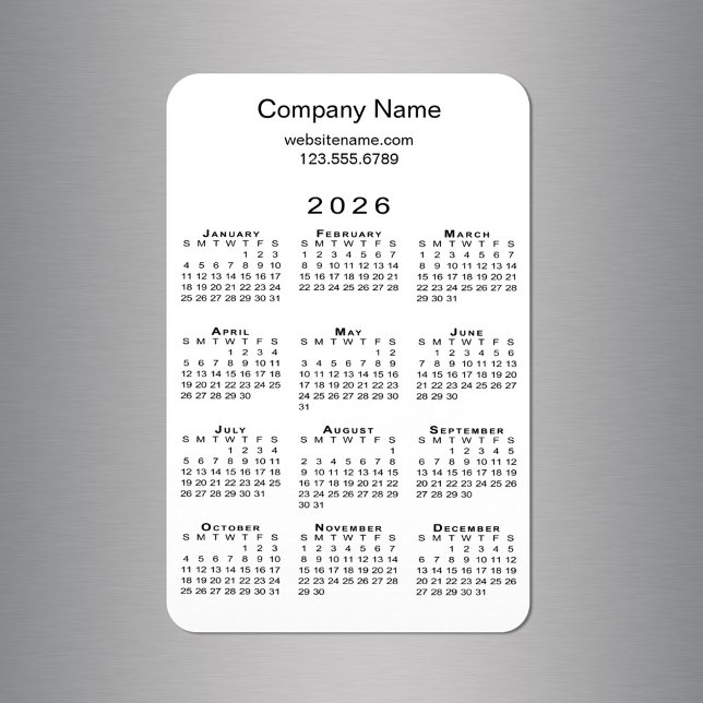 Imán Información mínima sobre el nombre de la compañía  (Minimal 2026 Calendar Company Name Info on White Magnet in situ)