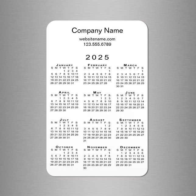 Imán Información mínima sobre el nombre de la compañía  (Minimal 2025 Calendar Company Name Info on White Magnet in situ)