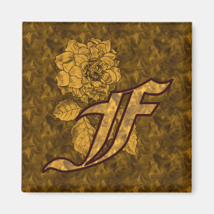 Imán Inicial de monograma F Flor de peonía dorada Elega