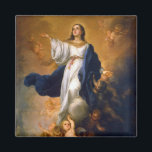 Imán Inmaculada Mary<br><div class="desc">Esta es una hermosa representación española del siglo XVII de la inmaculada concepción. La Virgen María está vestida con túnicas blancas y azules. Ella tiene el brazo izquierdo levantado y sus ojos mirando al cielo. Está rodeada de gorros.</div>