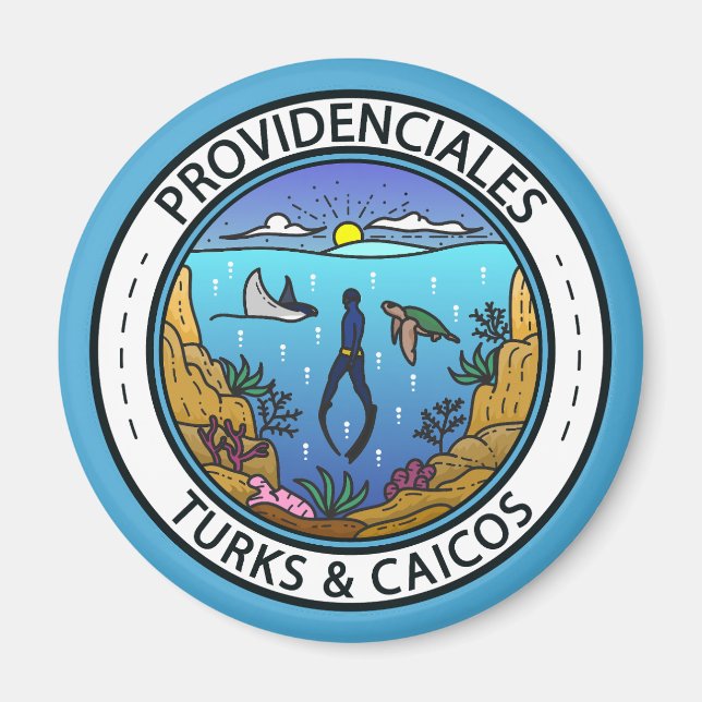Imán Insignia de Providenciales Turcas y Caicos Scuba (Frente)