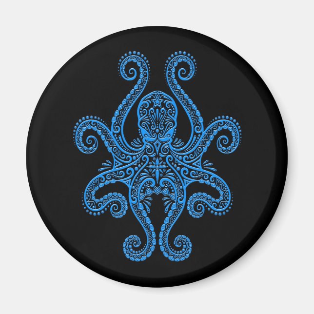 Imán Intrincado pulpo azul sobre negro (Frente)
