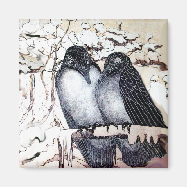 Imán INVIERNO AMA A LOS AVES EN LA NIEVE Blanco Negro (Frente)