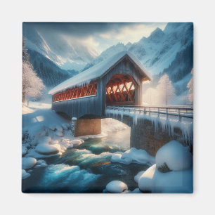 Imán Invierno, puente cubierto de nieve y río