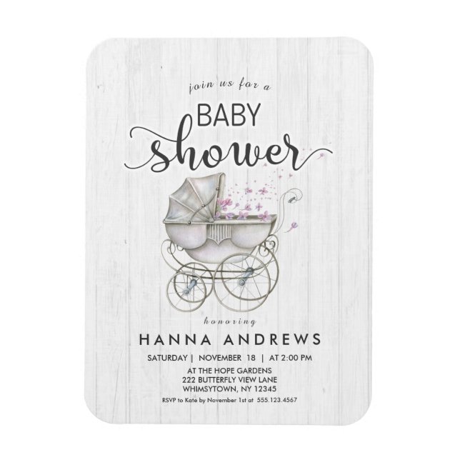 Imán Invitación a Baby Shower del Chica de madera blanc (Vertical)