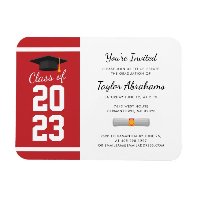 Imán Invitación a graduación de Graduado Blanco Rojo 20 (Horizontal)