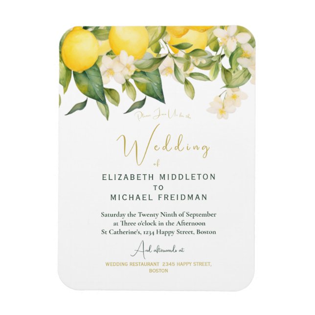 Imán Invitación a la Boda Botánica Amarilla Citrus Lemo (Vertical)