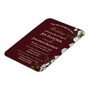 Imán Invitación a la boda de fondo rojo de rosas blanca
