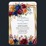 Imán Invitación a la Boda de Oro Floral Naranja de Navy<br><div class="desc">Este diseño presenta un elemento floral de color azul marino,  naranja y burdeos de Marsala con hojas de acuarela otoñales y flores silvestres. Productos de correspondencia disponibles en la colección "Boda Geométrico Floral Naranja de Navy Marsala"</div>