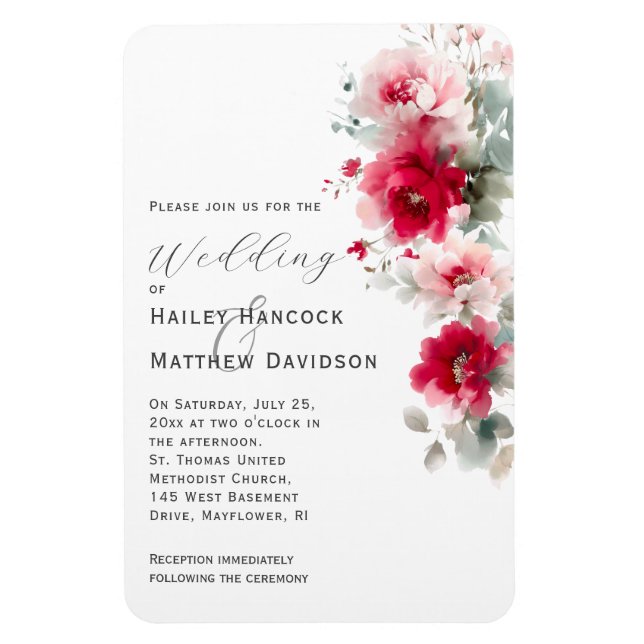 Imán Invitación a la boda floral rosada y roja Rosa (Vertical)