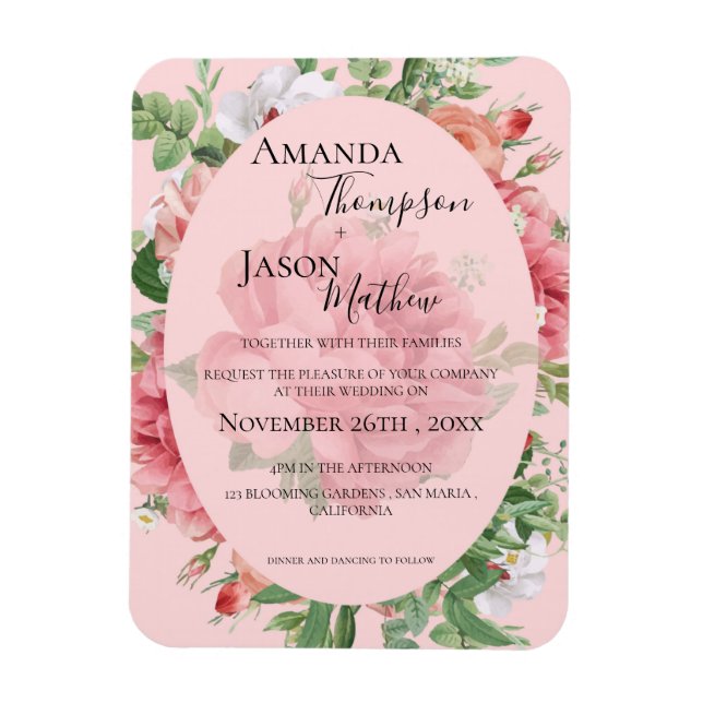 Imán Invitación a la boda rosada floral de bonito Rubor (Vertical)