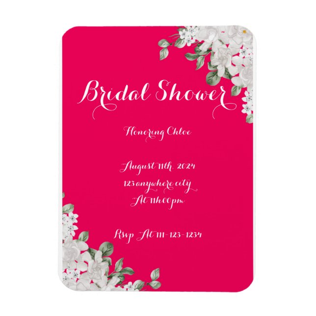 Imán invitación a la ducha de novia con un fushia rosa (Vertical)