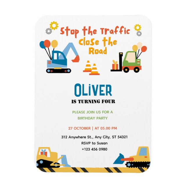 Imán Invitación a la fiesta de cumpleaños de la constru (Vertical)