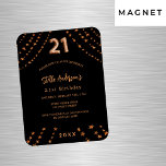 Imán Invitación a las estrellas de oro rosa negro de 21<br><div class="desc">Para un elegante fiesta de 21 años. Un fondo negro. Decorado con estrellas de oro rosa. Personalice y añada un nombre,  detalles del fiesta,  año de nacimiento. El nombre se escribe con un guión de estilo con letras a mano</div>
