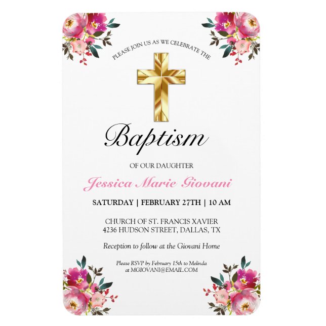 Imán Invitación al bautismo de la cruz de oro floral de (Vertical)