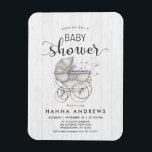 Imán Invitación Baby Shower de White Wood & Carriage Bo<br><div class="desc">Moda Madera Blanca y Porte Antiguo Brillante de Bebé con Flores Azules Bebé Niño Invitación de ducha! ¡personalizar agregando tu información! Revisa mi tienda para ver toda la colección con este diseño!</div>