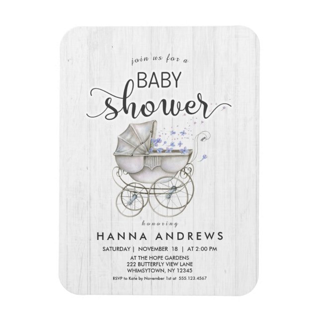 Imán Invitación Baby Shower de White Wood & Carriage Bo (Vertical)